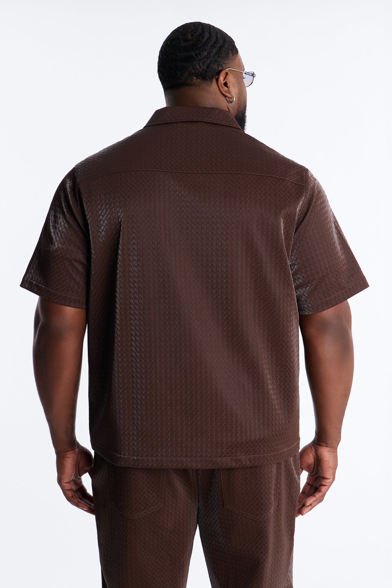 Tisse Textured Faux Leather Button Up Shirt - Brown