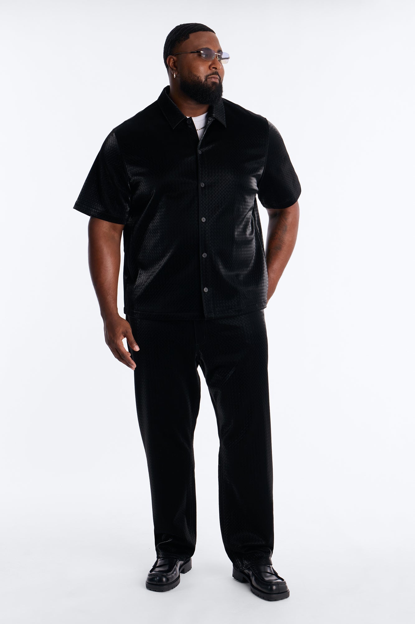 Tisse Textured Faux Leather Button Up Shirt - Black
