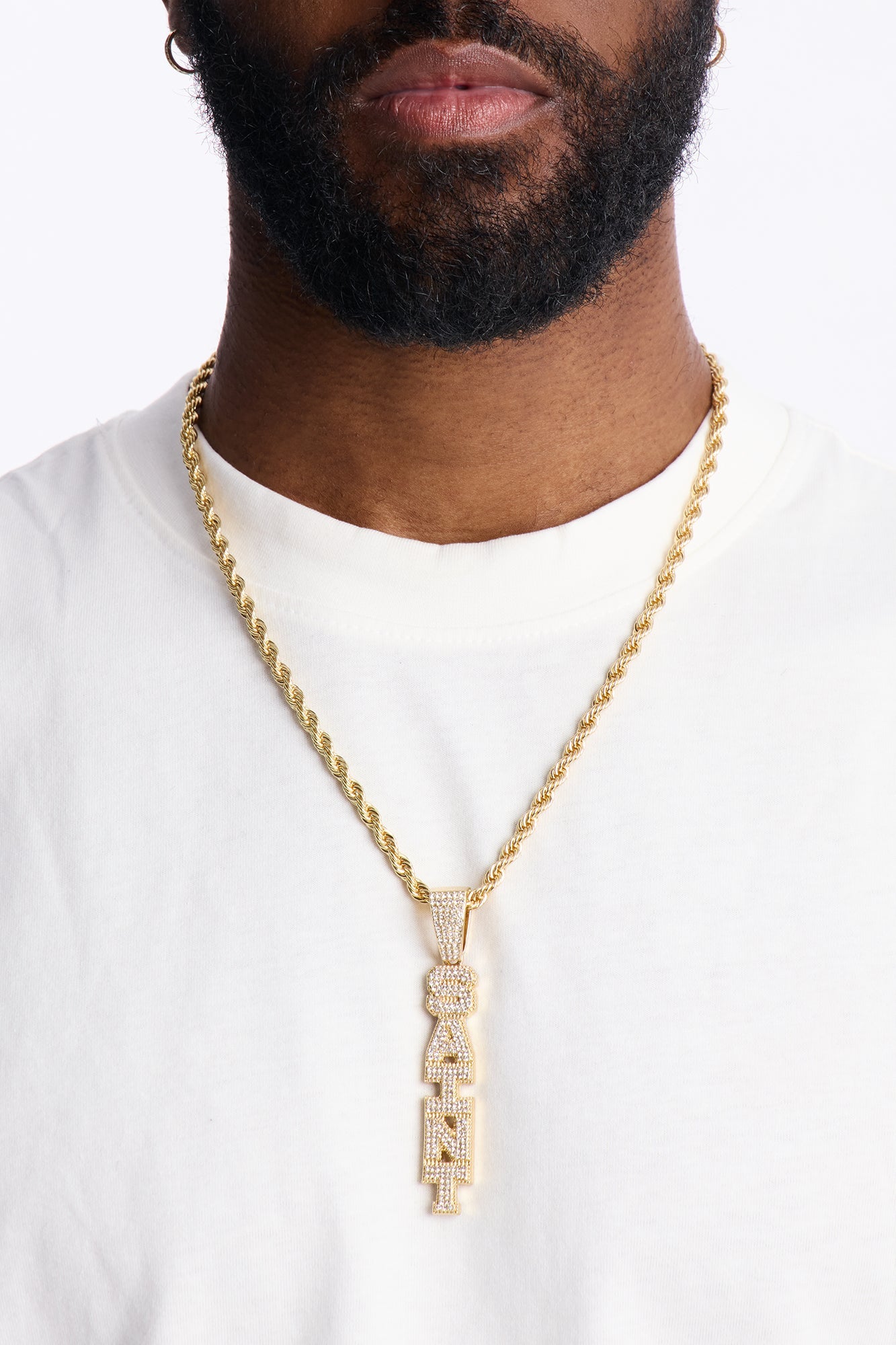 Saint Vertical Iced Pendant Necklace - Gold
