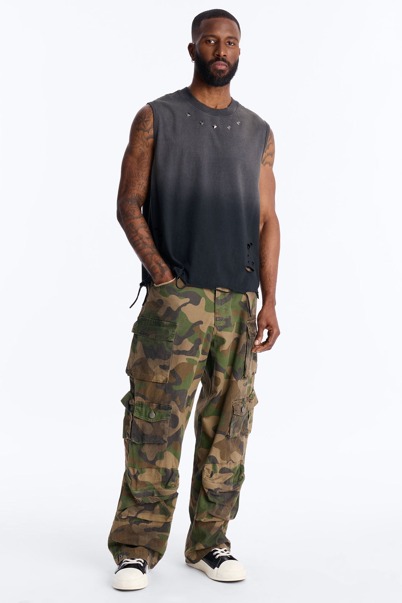 Washed Embellished Muscle Tee - Black