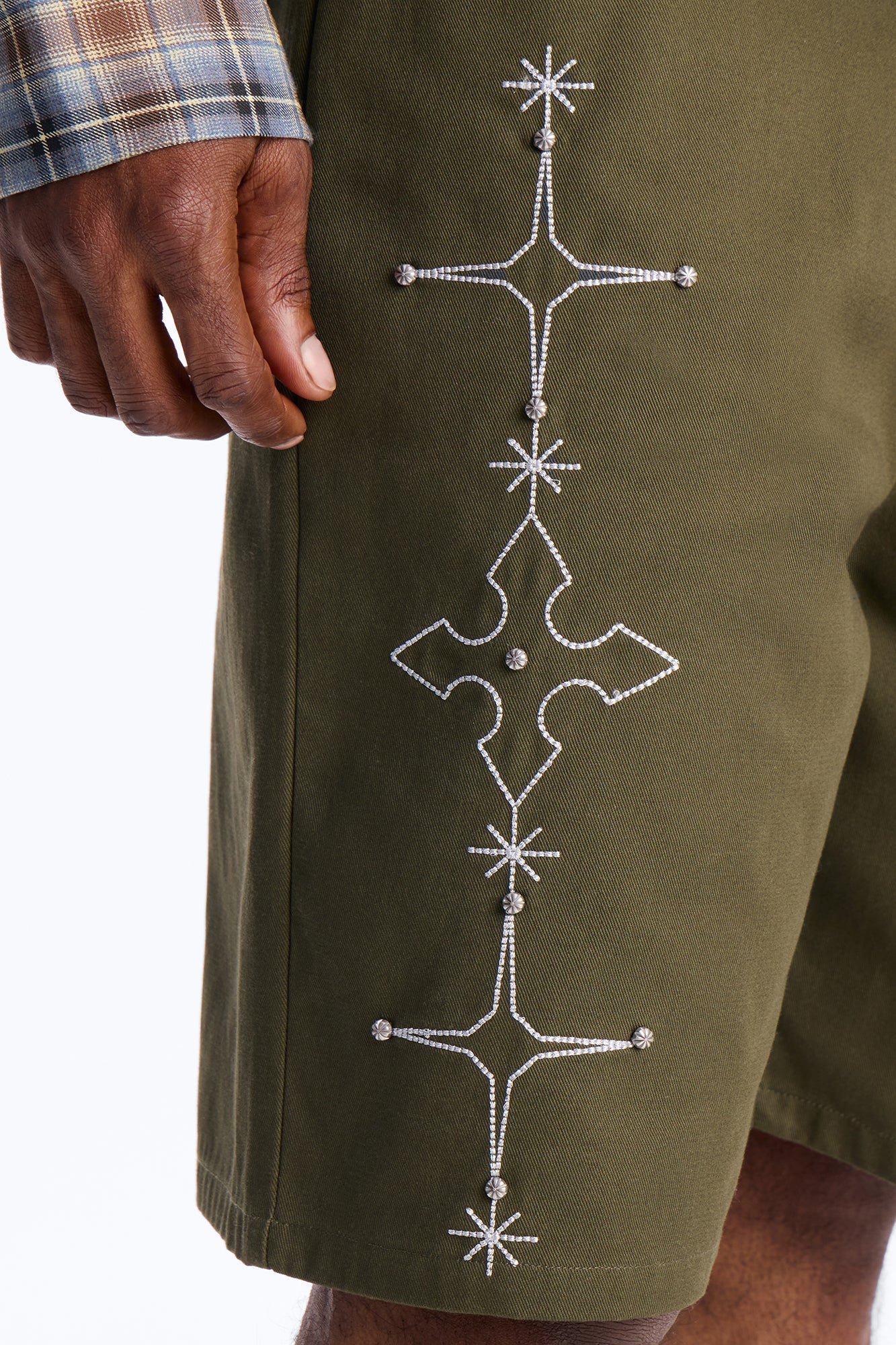 Relaxed Vatican City Stitched Embellished Short - Olive