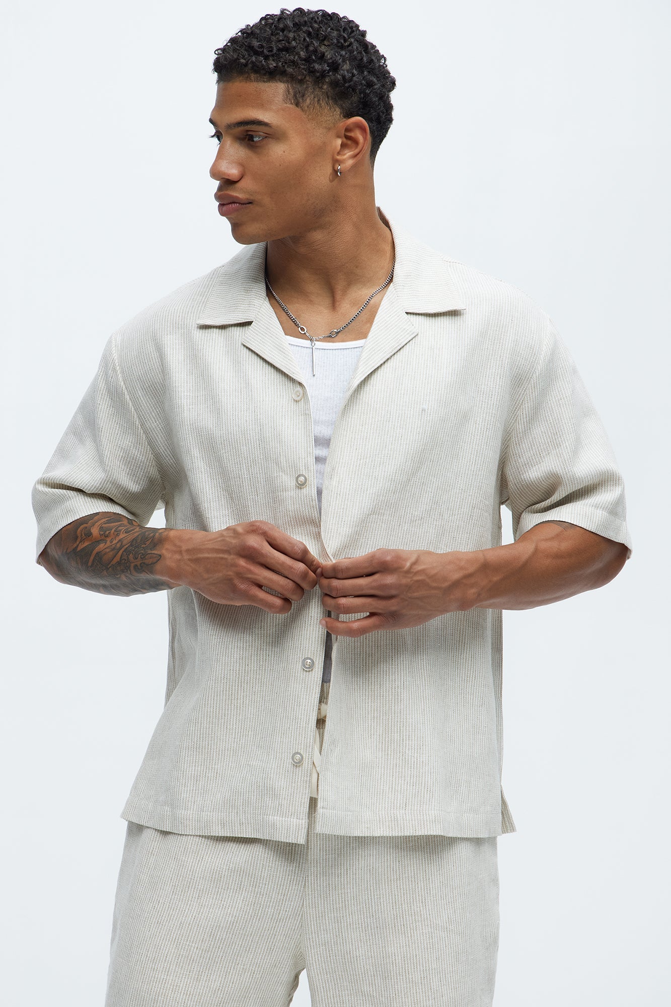 Twill Stripe Slim Button Up - Taupe
