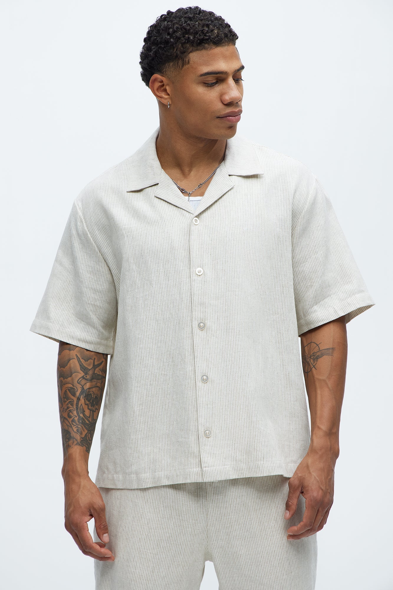Twill Stripe Slim Button Up - Taupe
