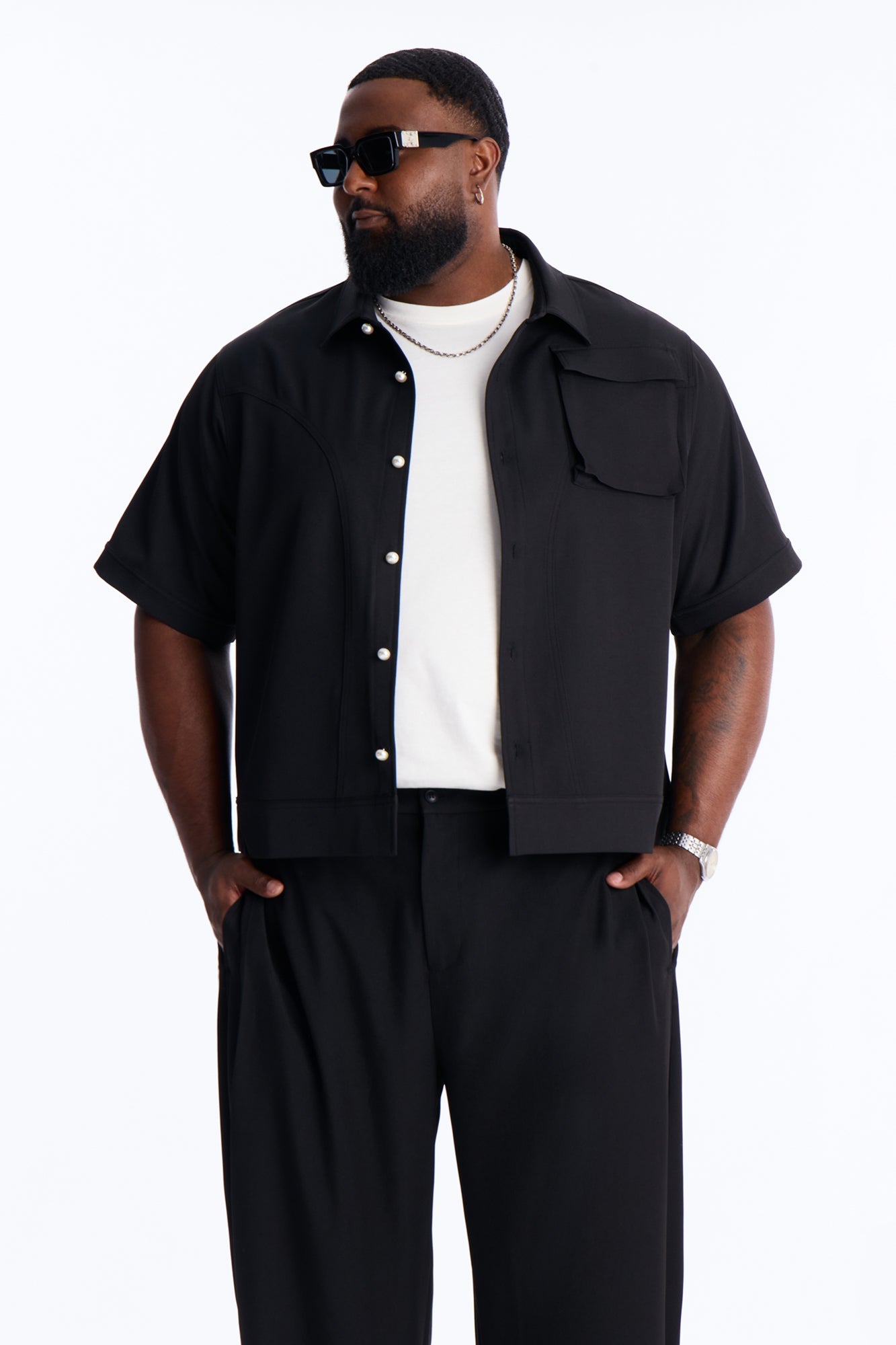 Pearl Paneled Utility Button Up Shirt - Black