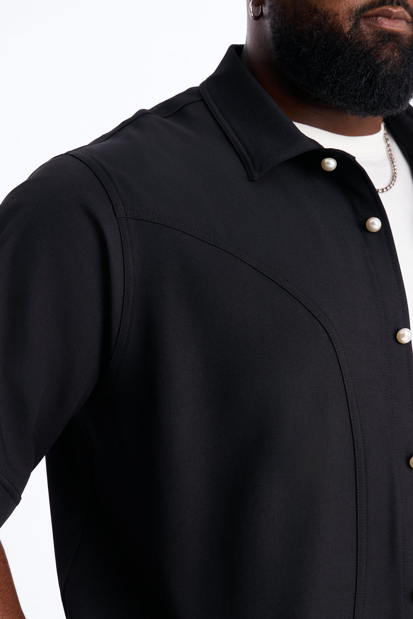 Pearl Paneled Utility Button Up Shirt - Black