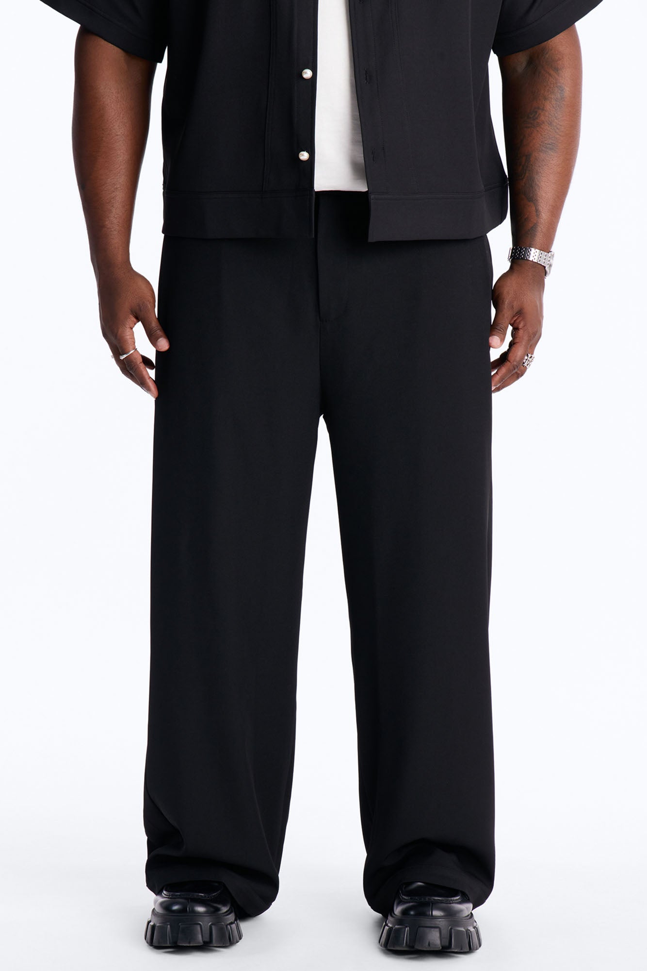 Baggy Side Pleated Panel Trouser - Black