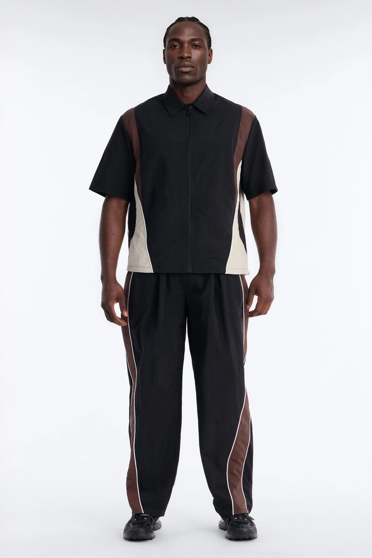 Relaxed Osaka Block Zip Up Shirt - Black/Brown