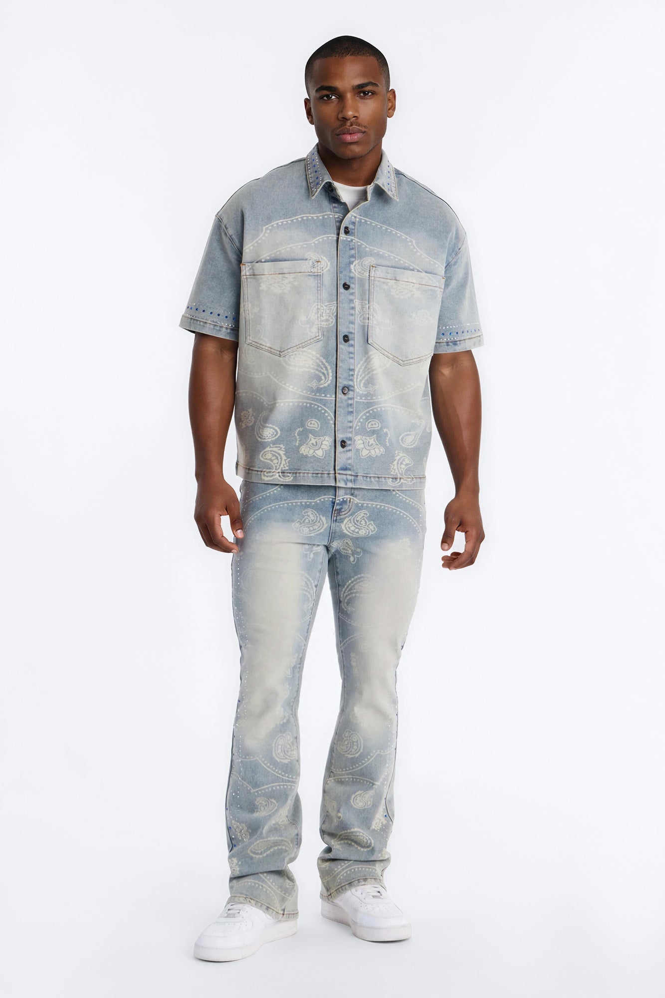 Rhinestone Bandana Boxy Denim Button Up Shirt - Light Blue Wash