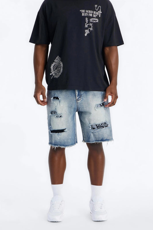 Relaxed Paisley District Denim Short - Medium Blue Wash
