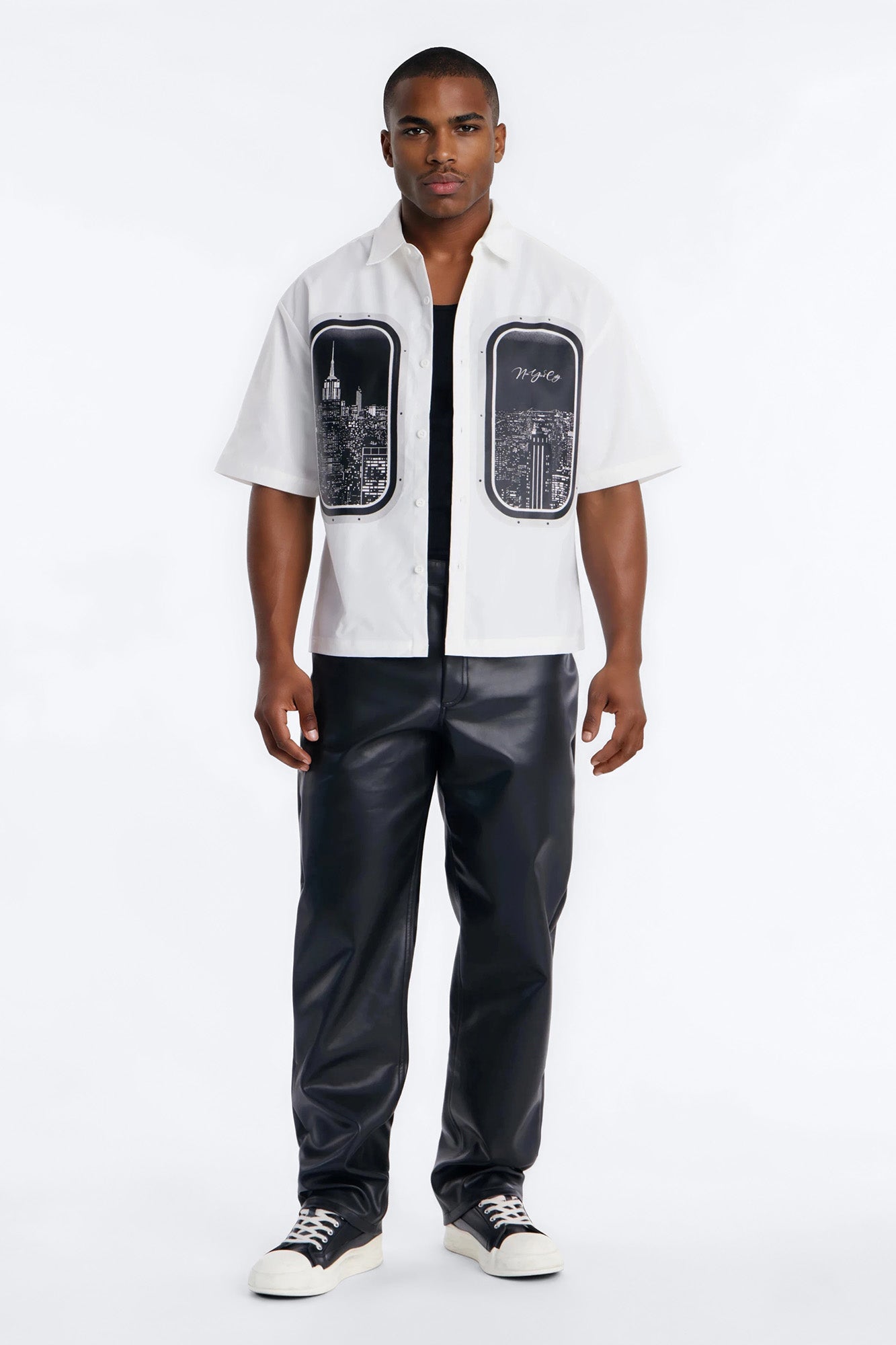 Skyline Views Short Sleeve Button Up Shirt - White