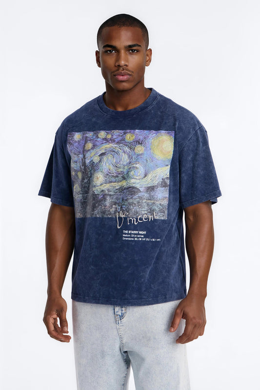 Vincent Van Gogh Starry Night Embroidered Mineral Wash Fleece Tee - Navy