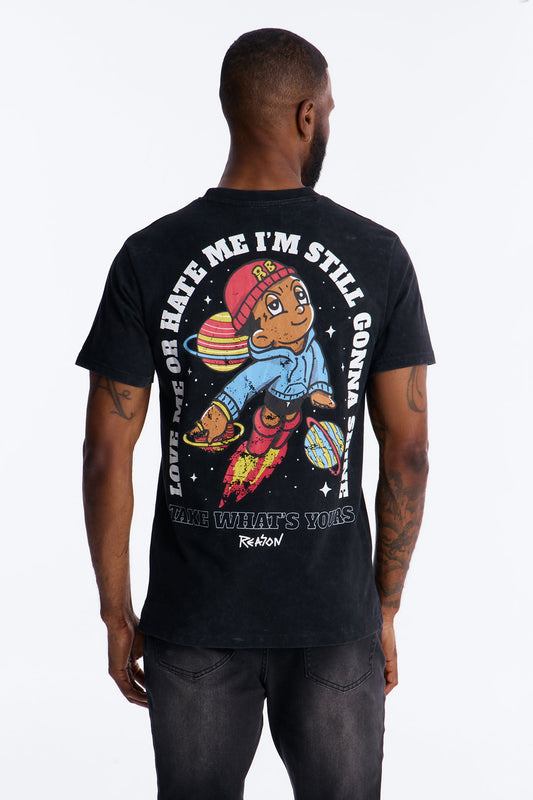 Cosmic Boy Still Gonna Shine Embroidery Vintage Short Sleeve Tee - Black Wash