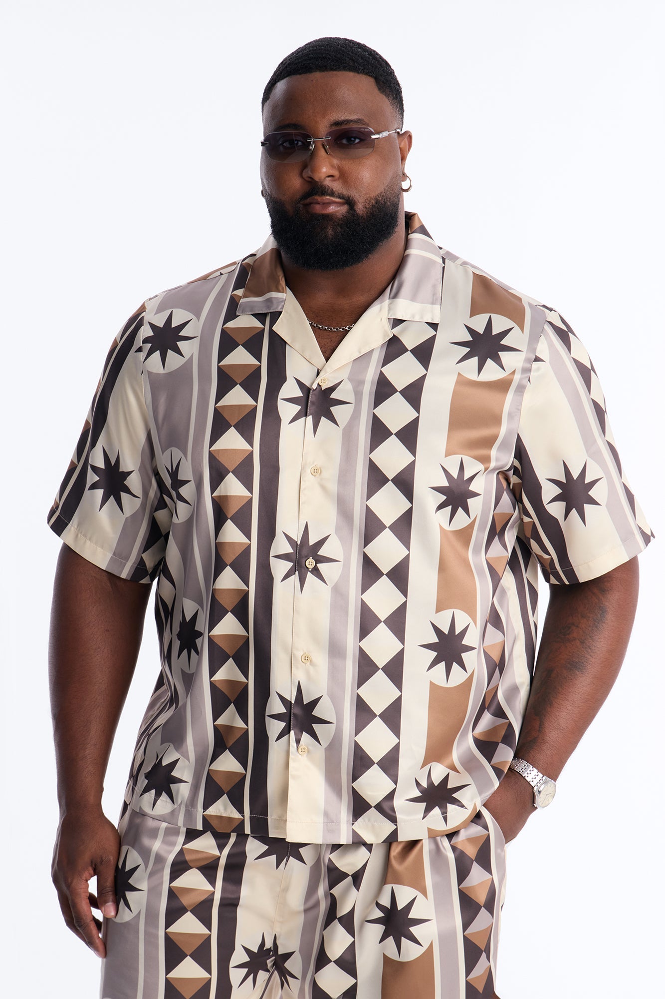 Toscana Geo Cuban Collar Shirt - Tan
