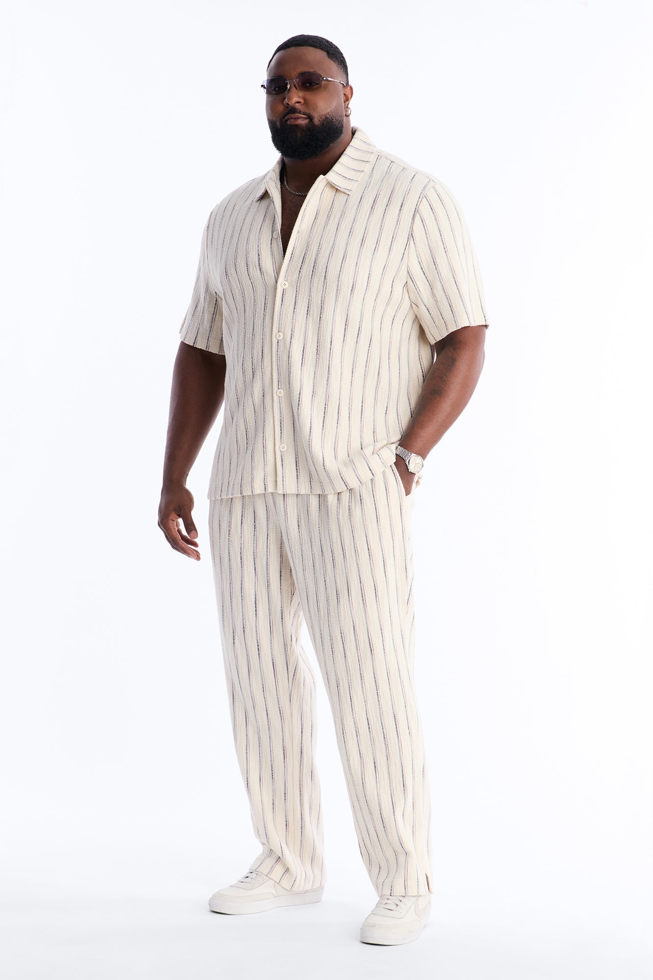 Slim Caicos Textured Stripe Slit Pant - Cream