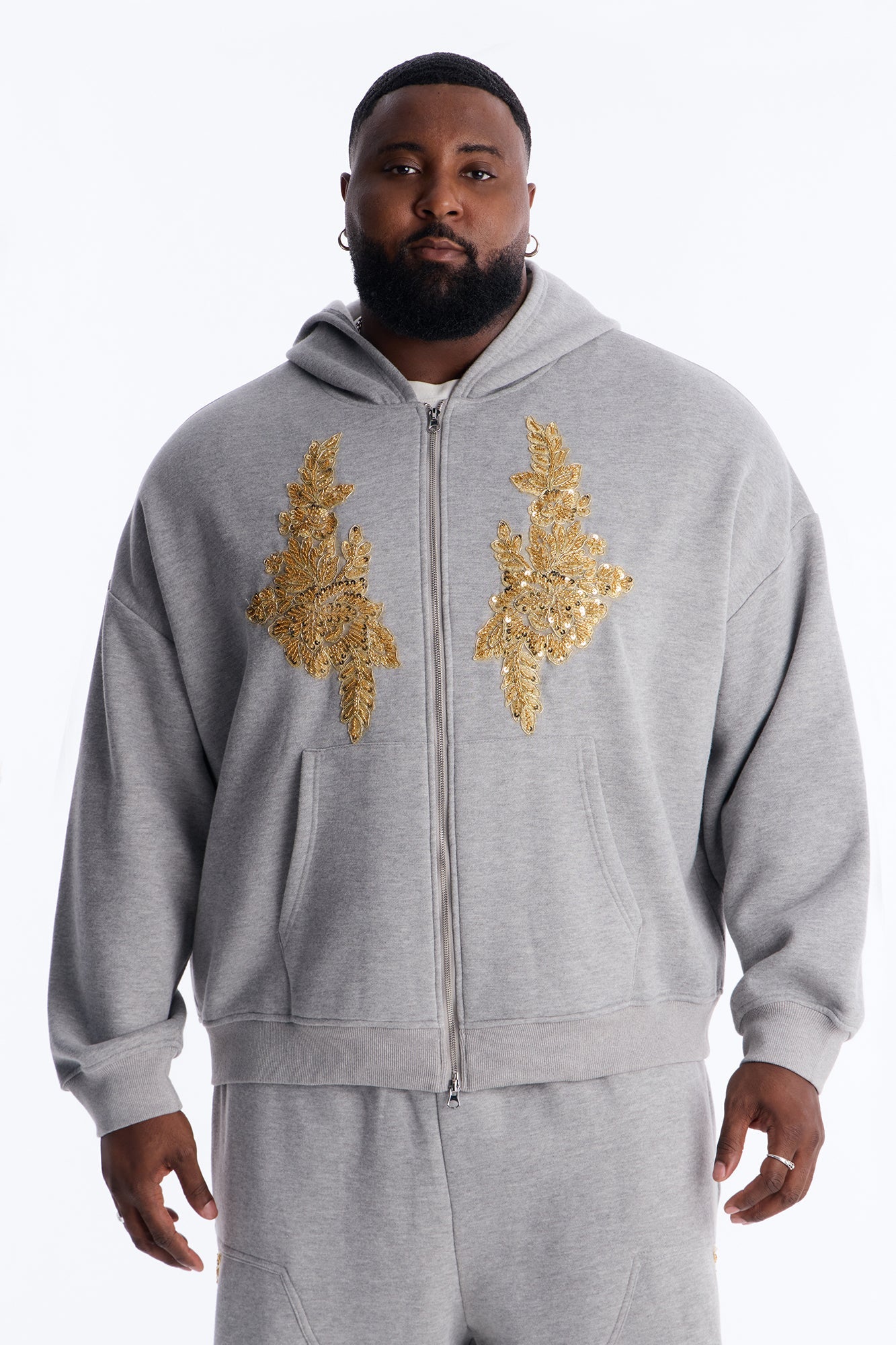 Oversized Rogue Sequin Applique Zip Up Hoodie - Grey
