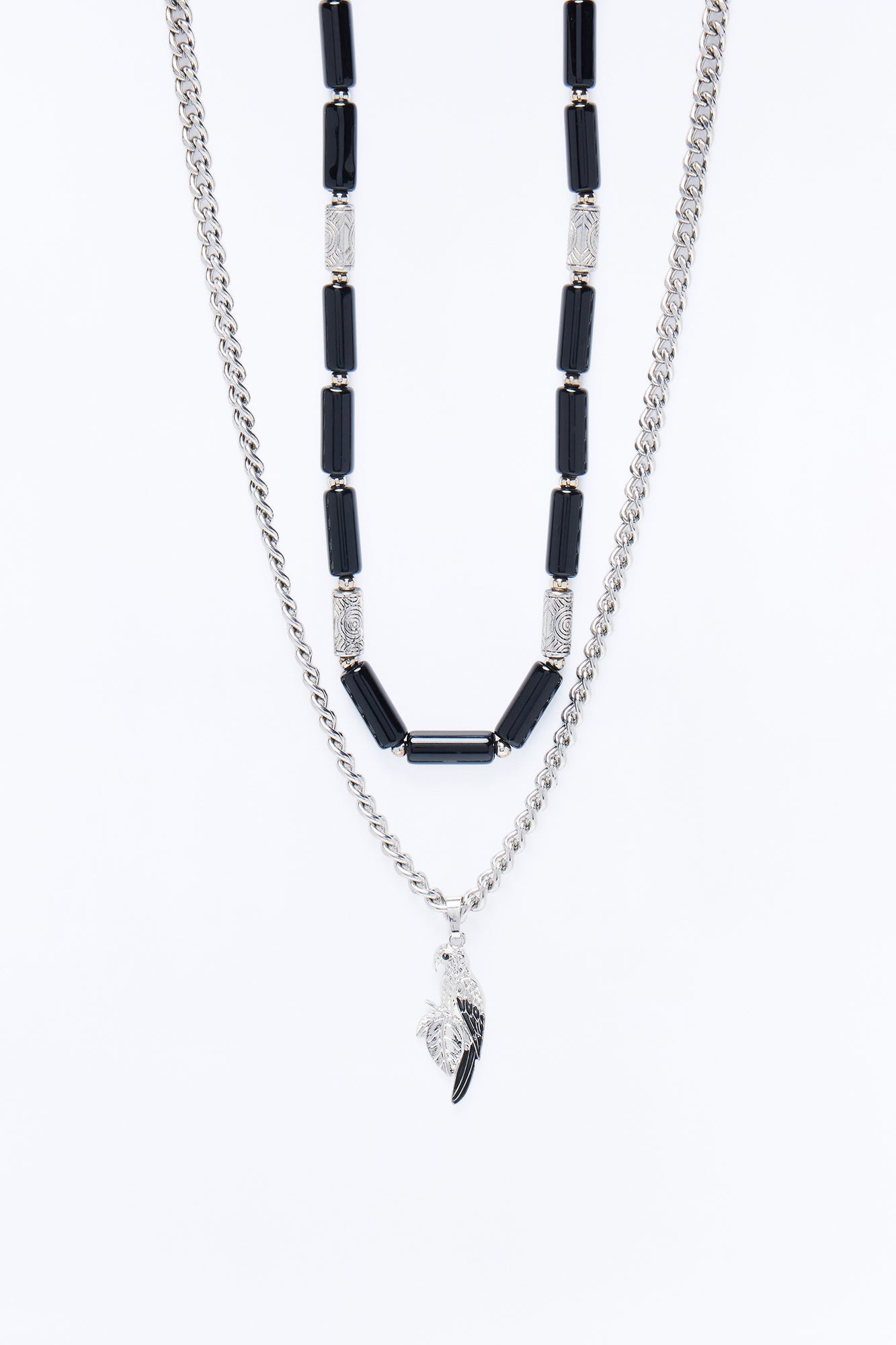 Layered Cuban Parrot And Beaded Necklace Set - Silver/Black