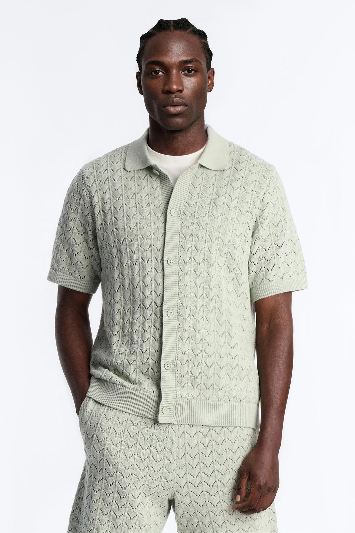 Waterfall Texture Open Knit Shirt - Sage
