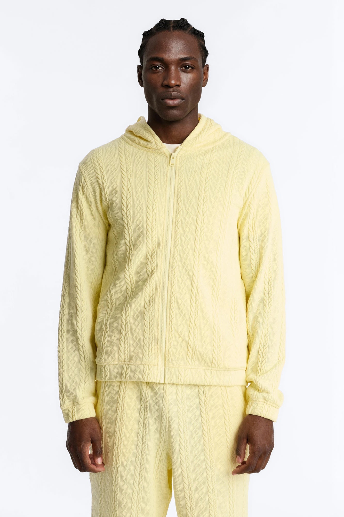 Textured Cozy Braided Hooded Jacket - Butter Yellow