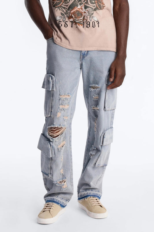 Straight Fractured Cargo Jean - Light Wash