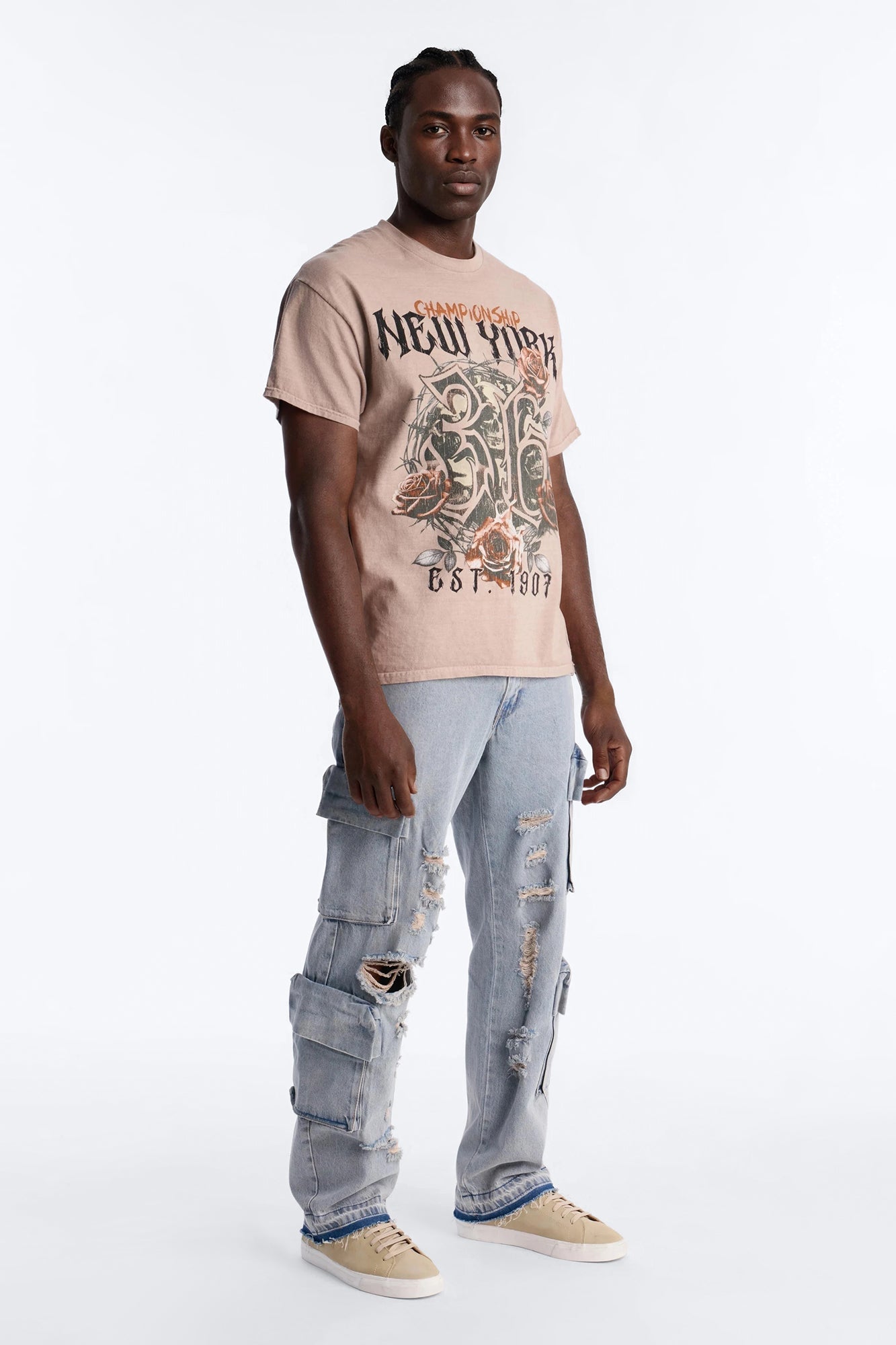 Straight Fractured Cargo Jean - Light Wash