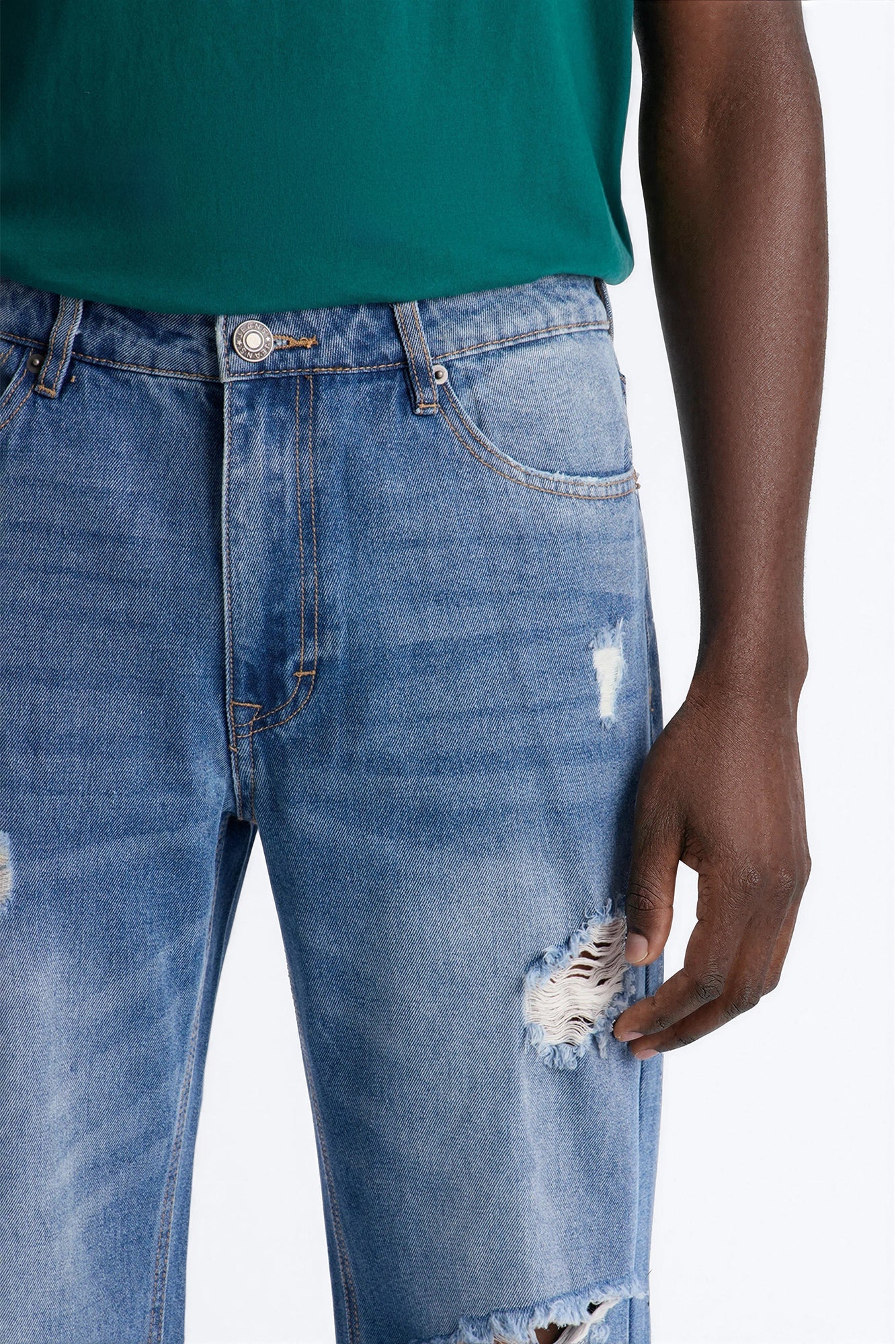 Essential Destroyed Straight Rigid Jean - Medium Blue Wash