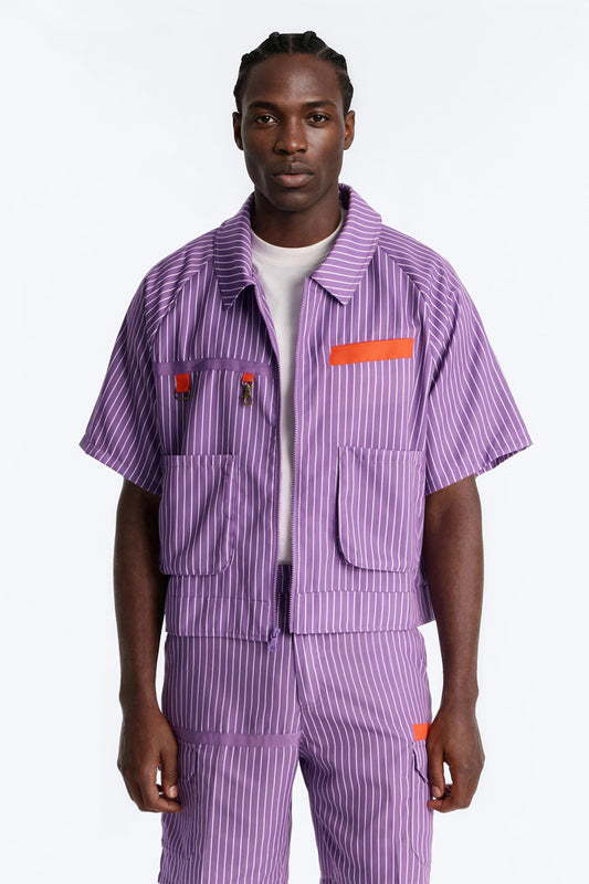 Boxy Cropped Desert Dunes Striped Button Up Shirt - Purple