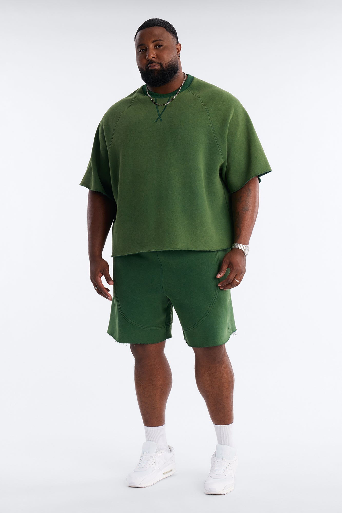Washed Raw Edge Baggy Sweatshort - Green