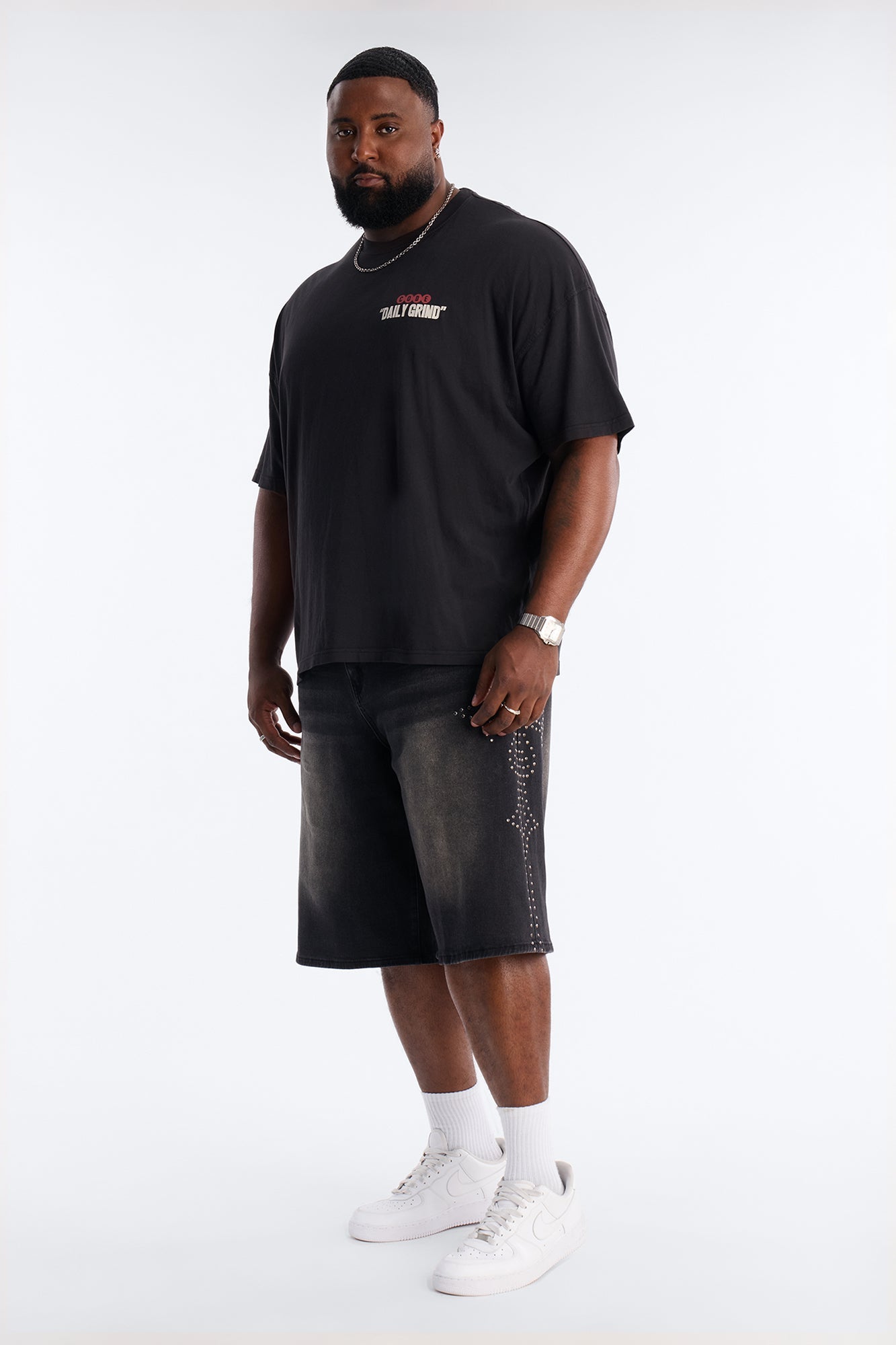 In Denim We Trust Baggy Studded Denim Short - Black Wash