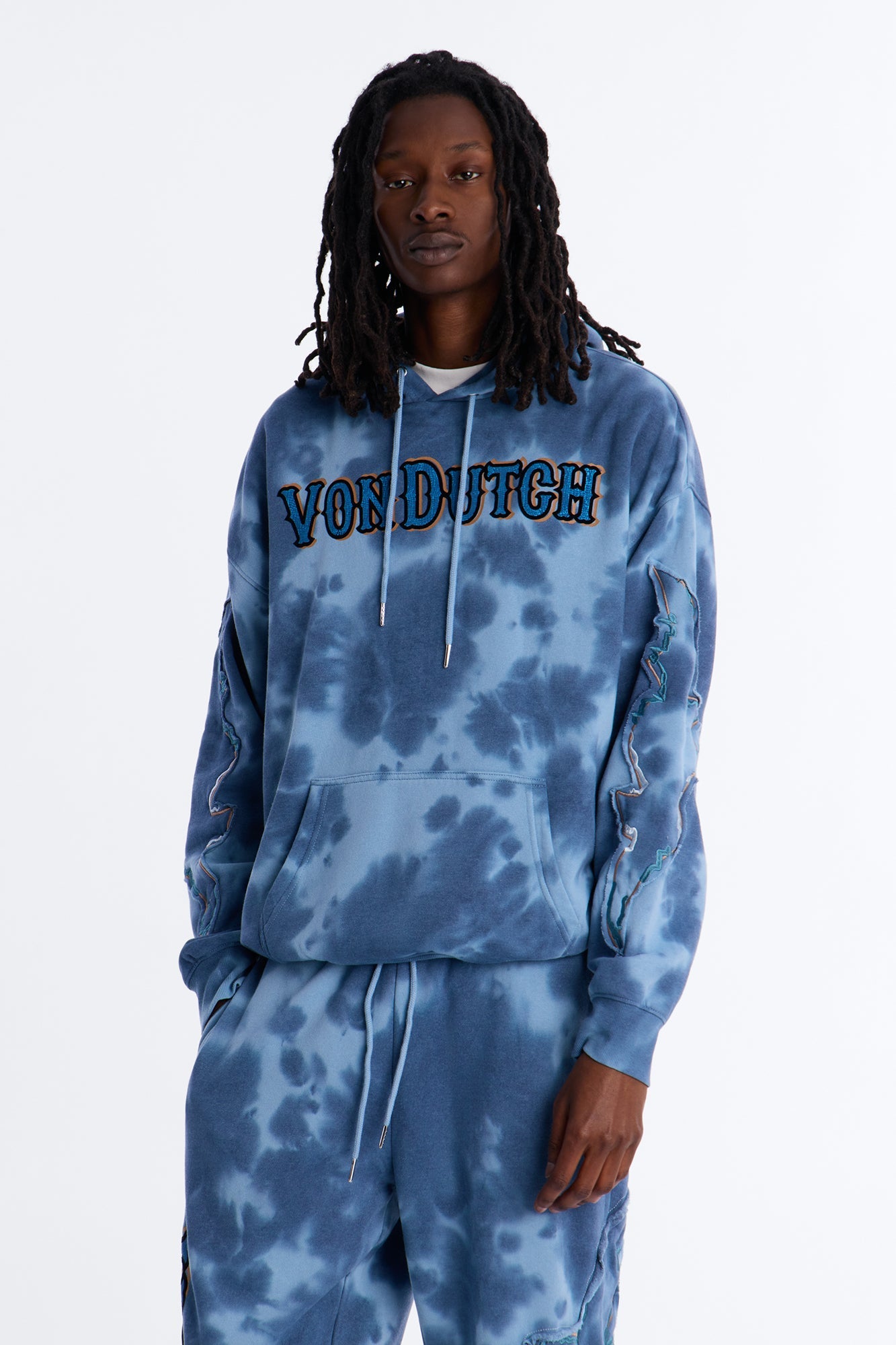 Von Dutch Outlaw Bleach Dyed Raw Edge Hoodie - Blue