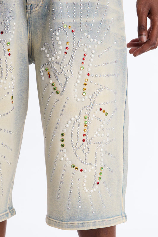 Baggy Urban Jeweled Denim Short - Light Wash
