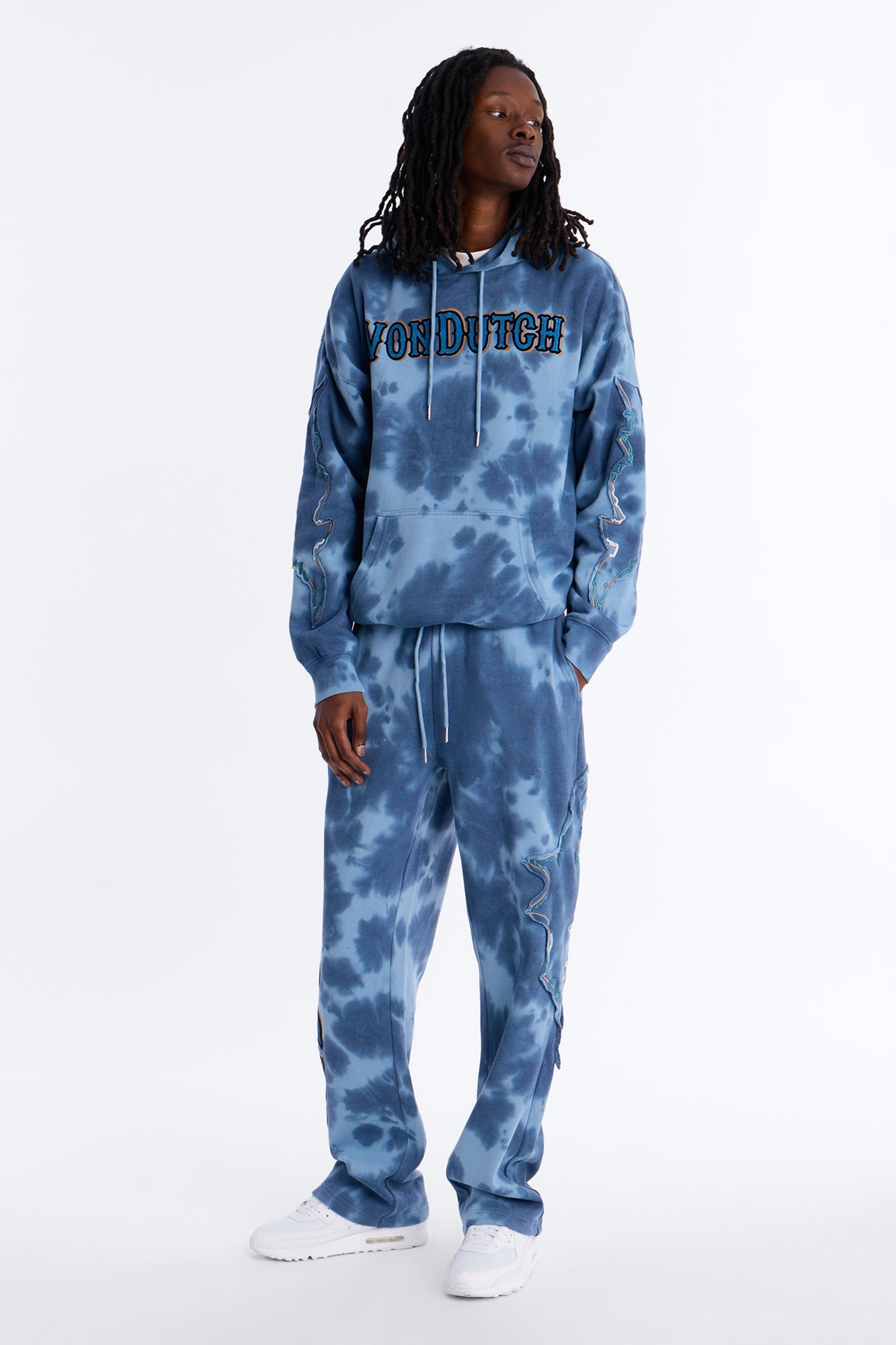 Baggy Von Dutch Outlaw Bleach Dyed Raw Edge Sweatpants - Blue