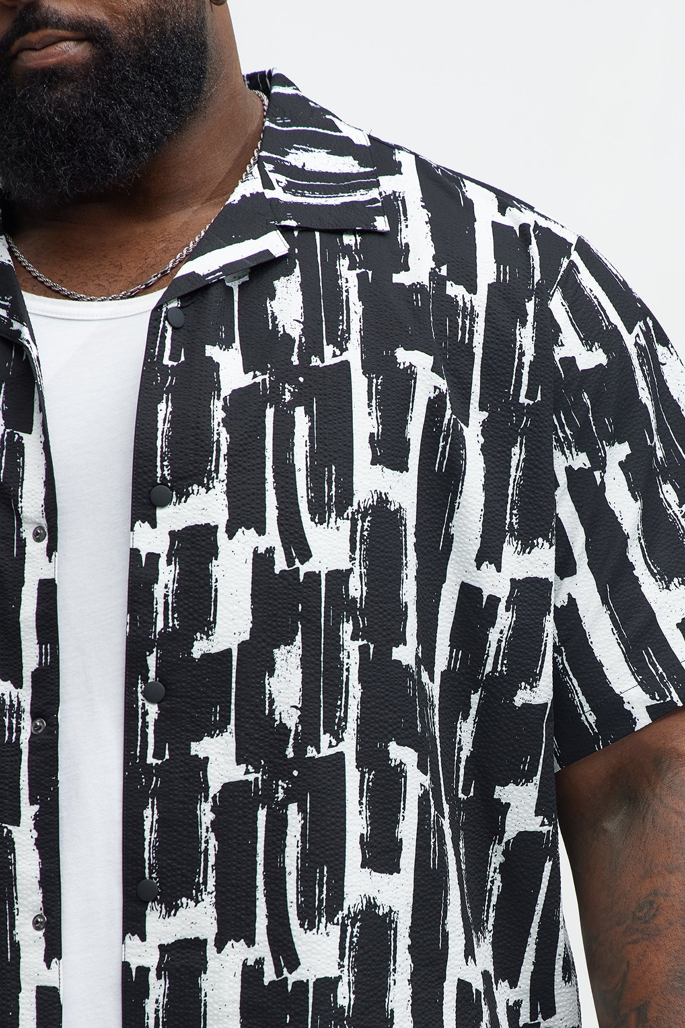 Seersucker Printed Short Sleeve Cuban Collar Shirt - Black/combo