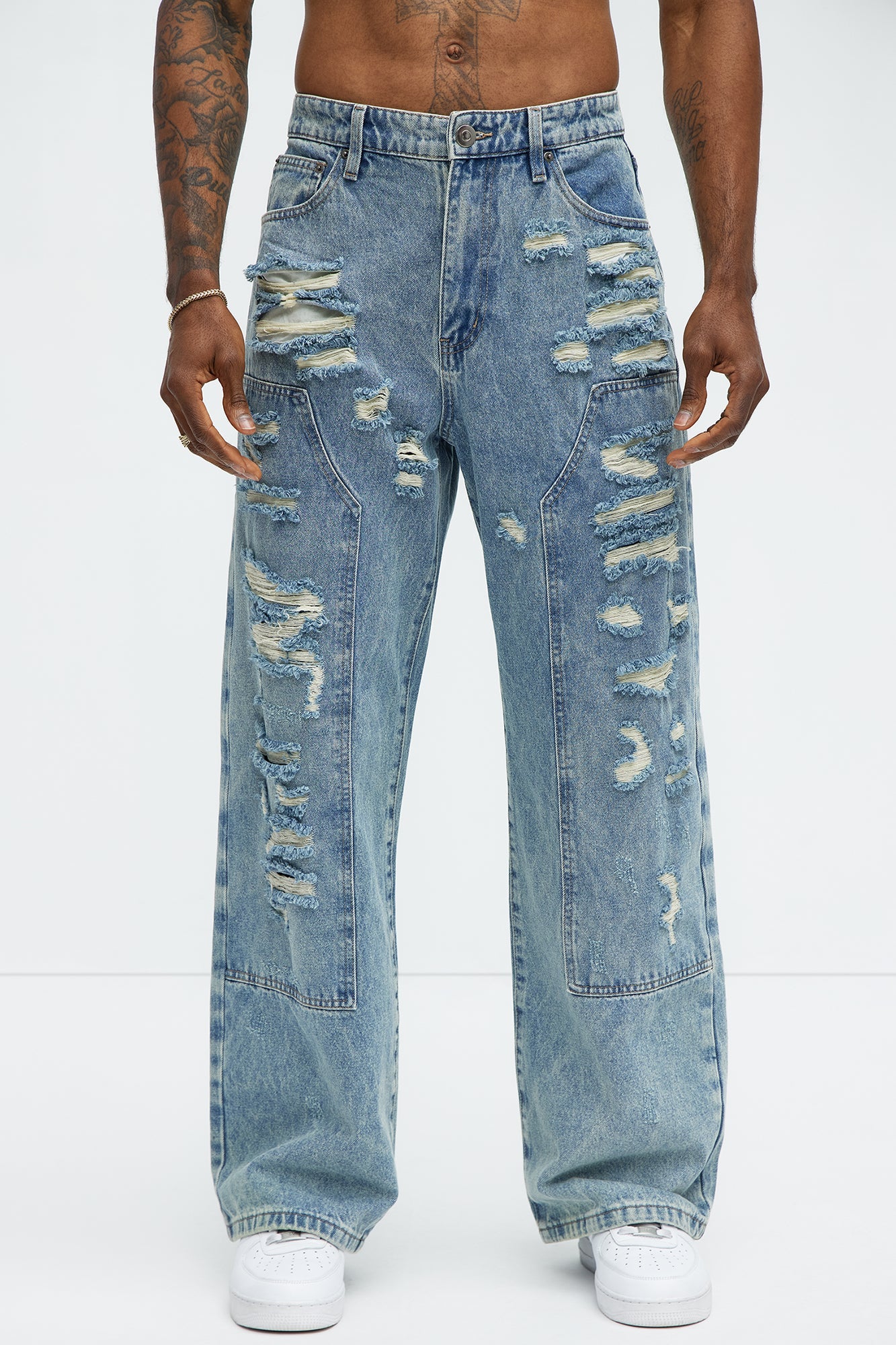 Be About It Distressed Carpenter Baggy Jeans - Light Wash