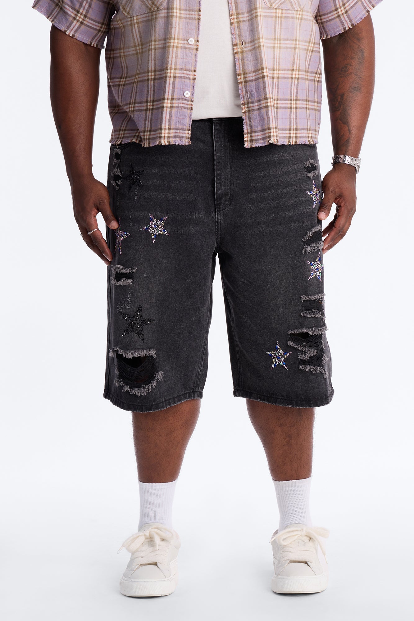 Cosmic Jeweled Baggy Denim Short - Black Wash