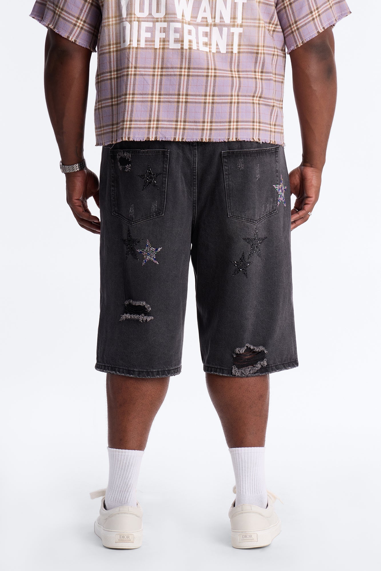 Cosmic Jeweled Baggy Denim Short - Black Wash