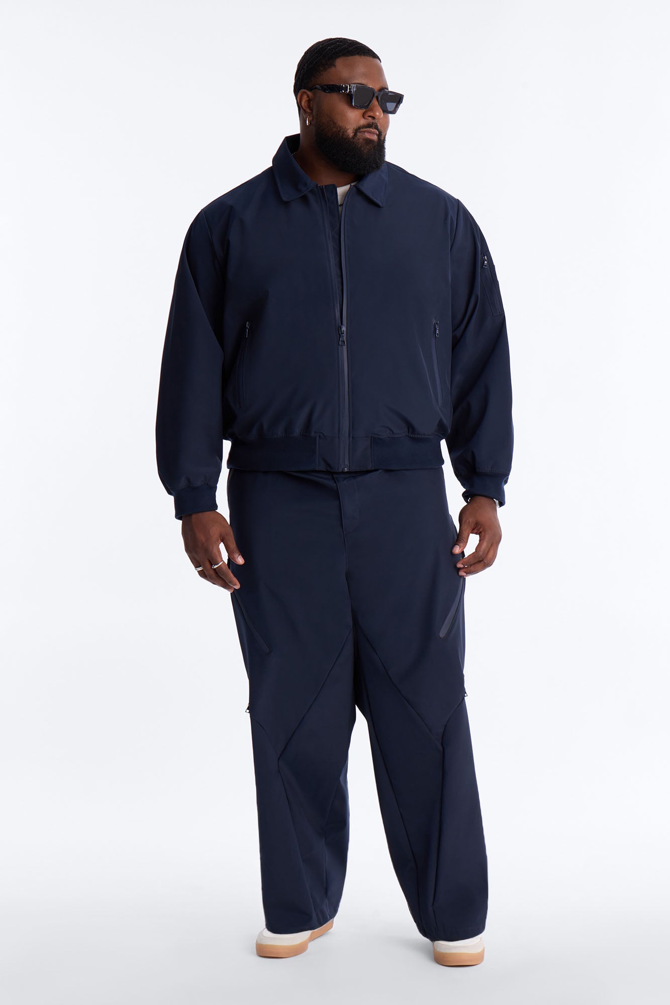 Cropped Relaxed Liberty Zip Bomber Jacket - Navy
