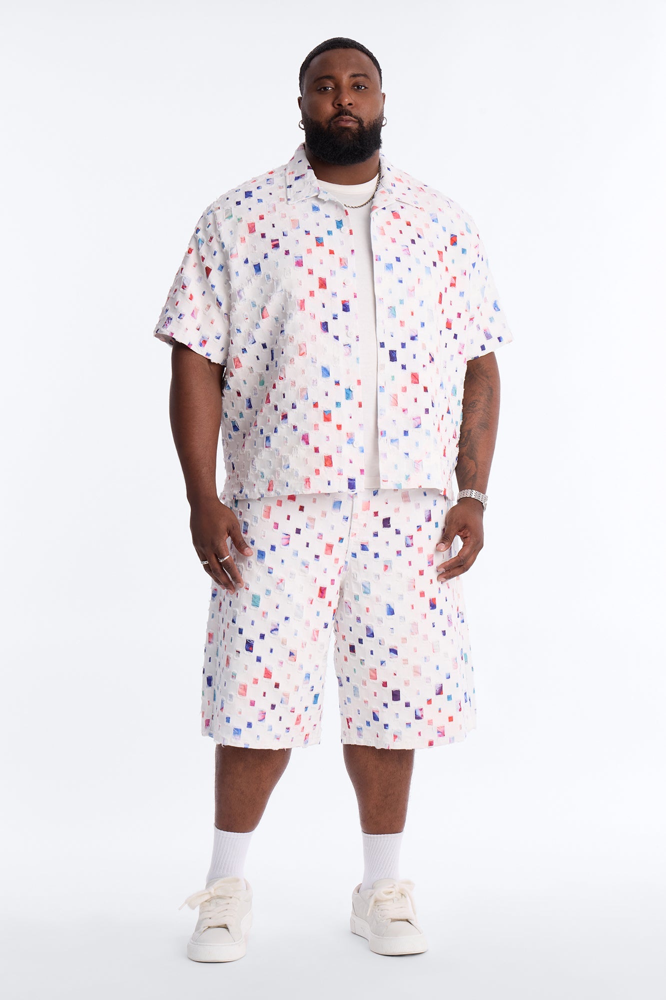 Cropped Watercolor Window Button Up Shirt - White