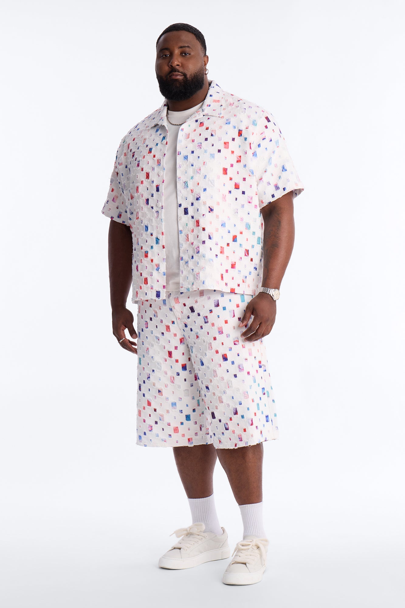 Baggy Watercolor Window Denim Short - White