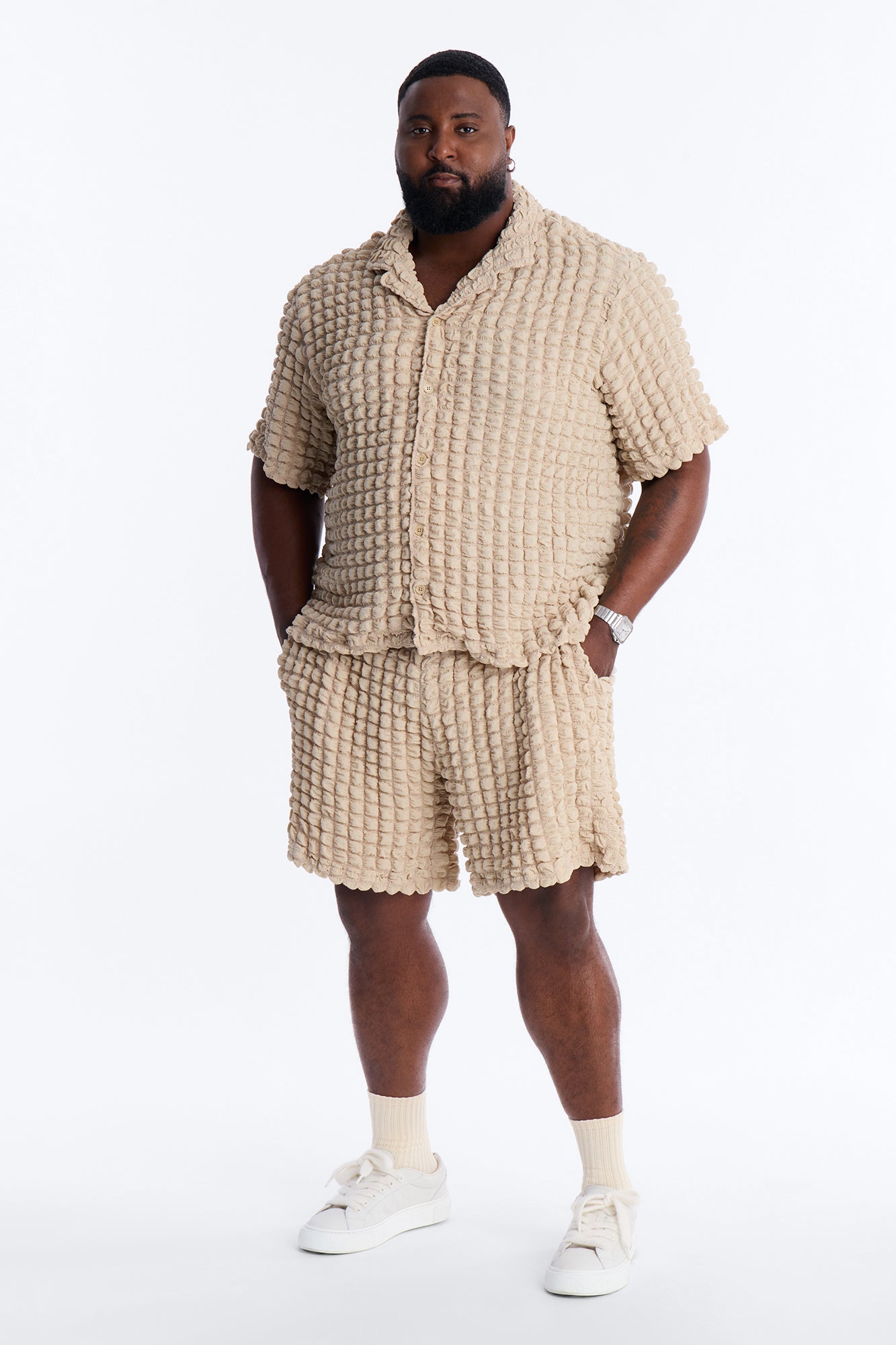 Relaxed Effervesce Textured Button Up Shirt - Tan