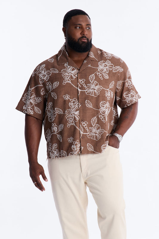 Relaxed Cropped After Shore Cuban Button Up Shirt - Brown