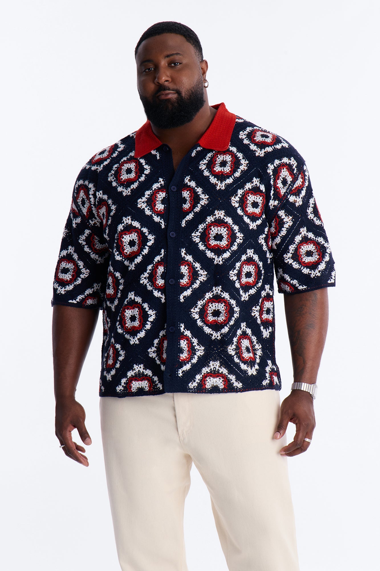 Kaleido Bloom Crochet Button Up Shirt - Navy