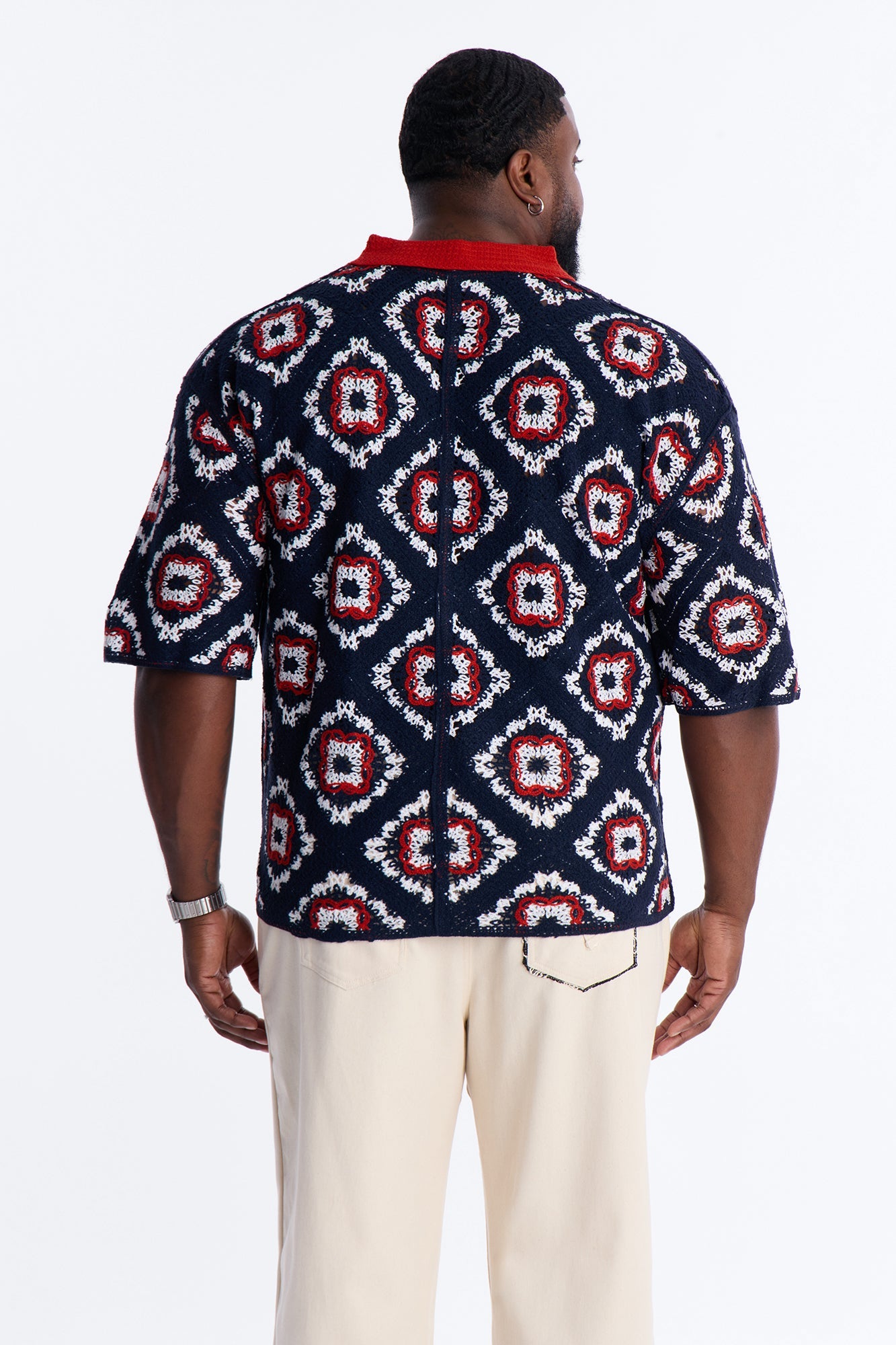 Kaleido Bloom Crochet Button Up Shirt - Navy