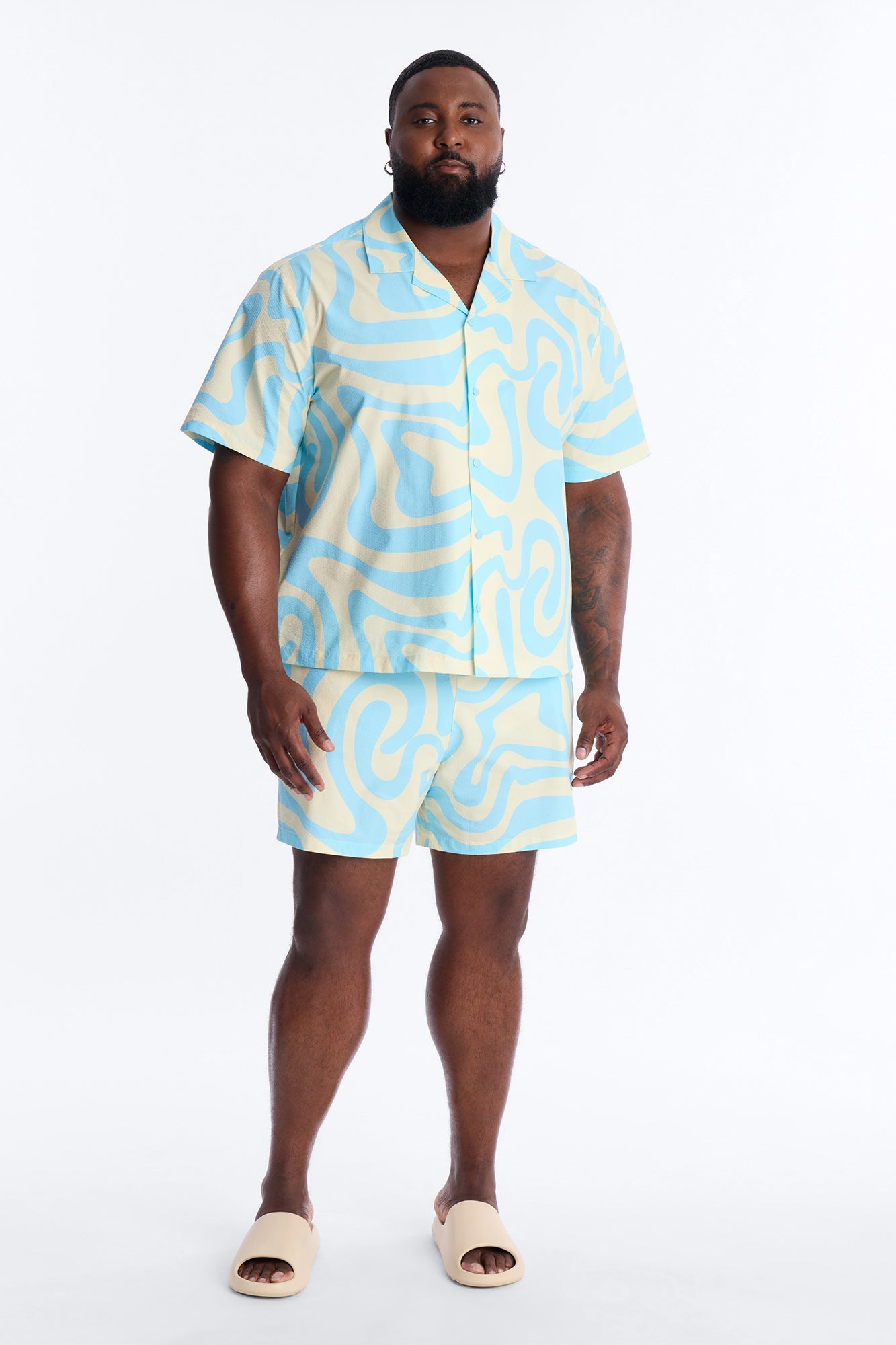Groovy Abstract Printed Seersucker Swim Trunk 6″ - Blue