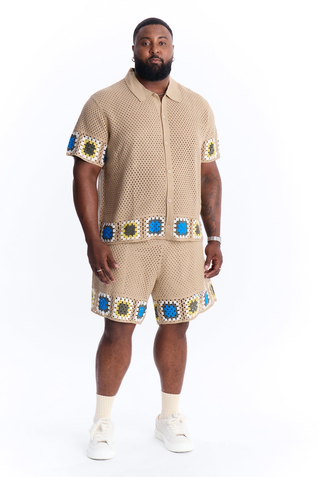 Relaxed Daisy Daze Crochet Button Up Shirt - Tan