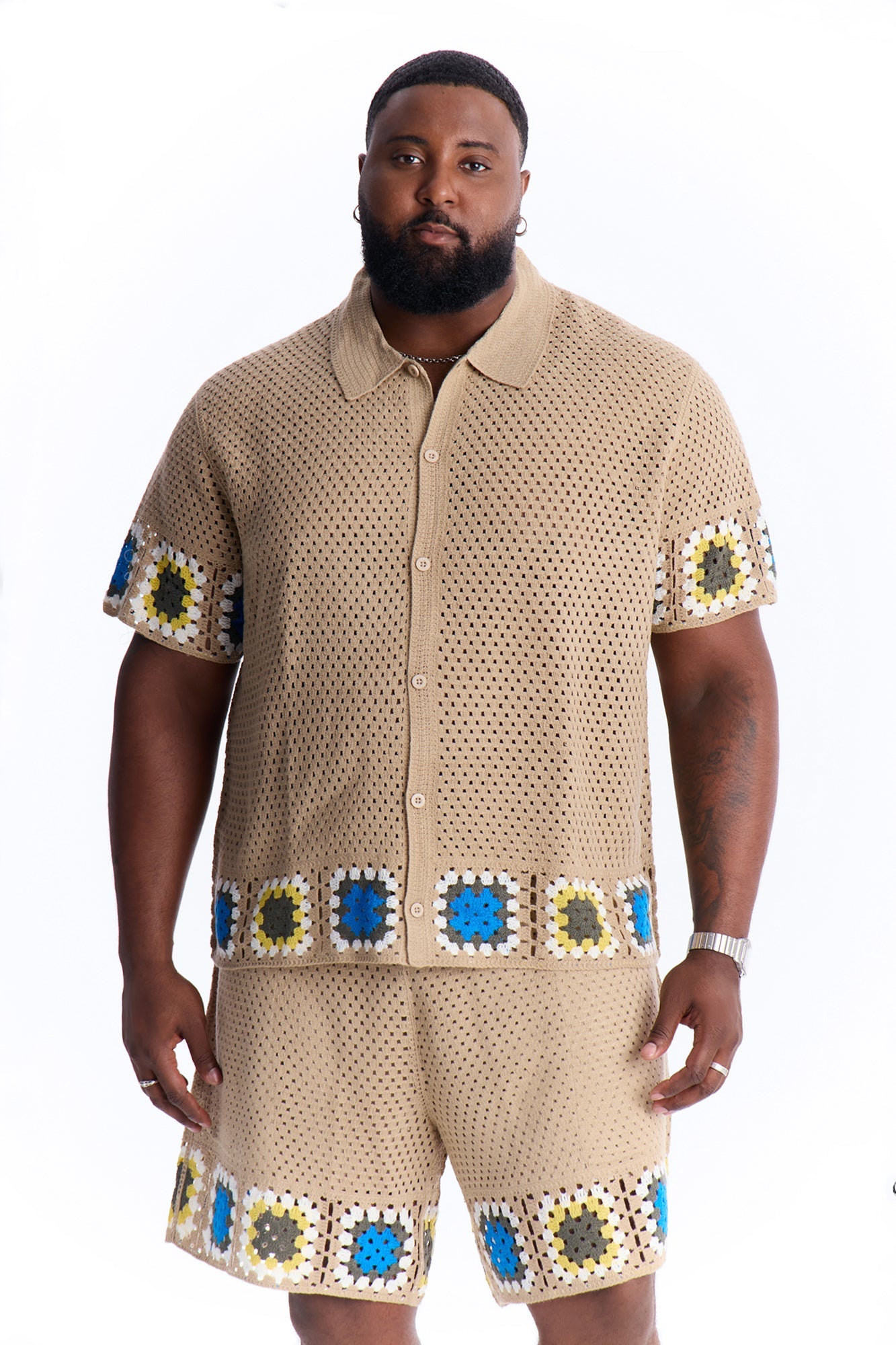 Relaxed Daisy Daze Crochet Button Up Shirt - Tan