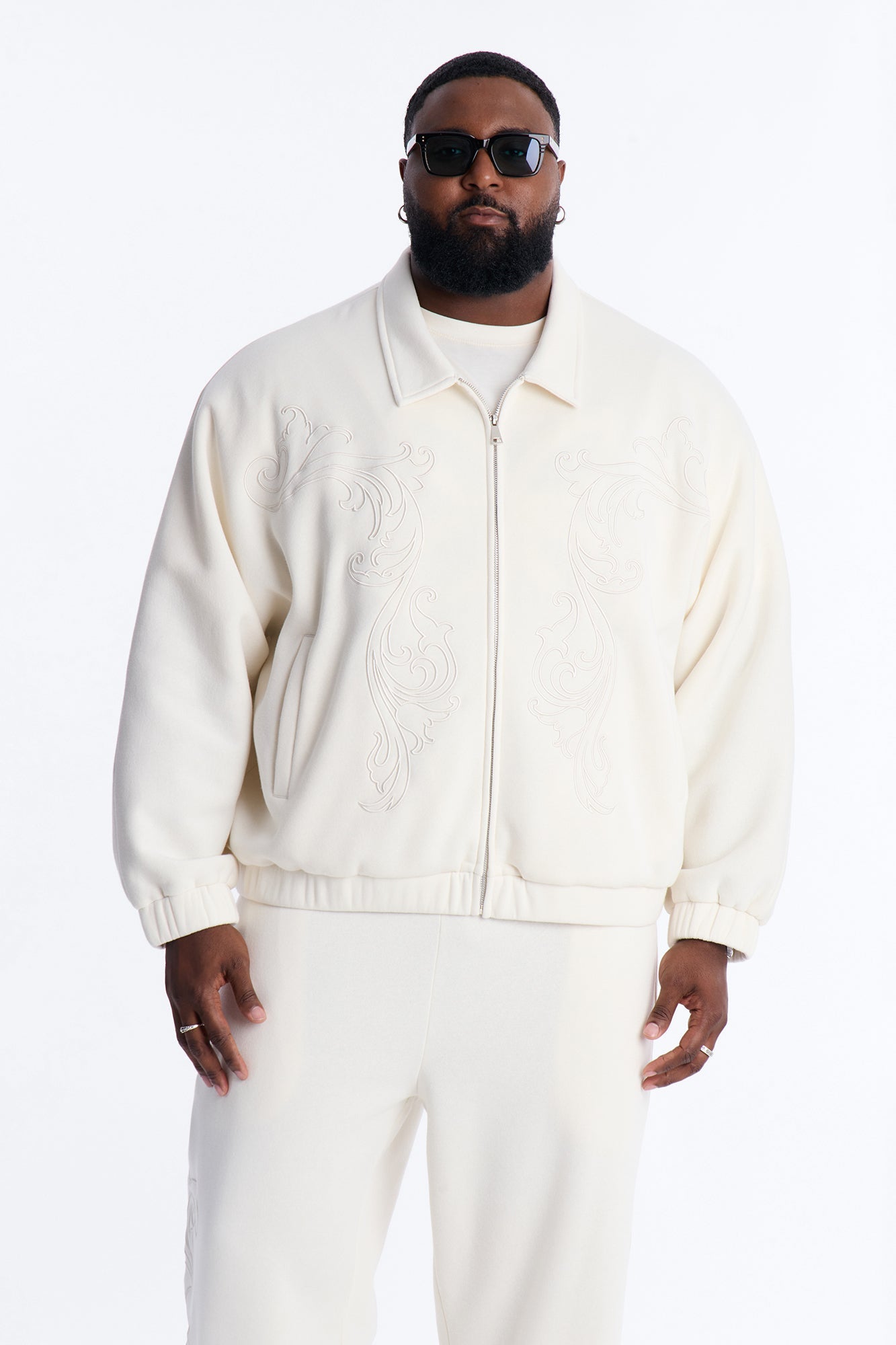 Embroidery Fleur Oversized Cropped Fleece Jacket - Cream