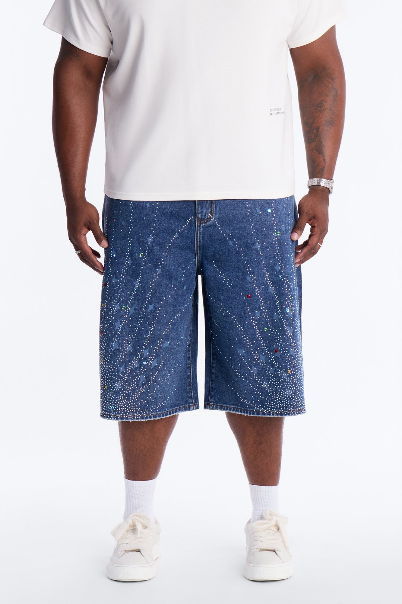Baggy Cascade Jeweled Denim Shorts - Dark Wash