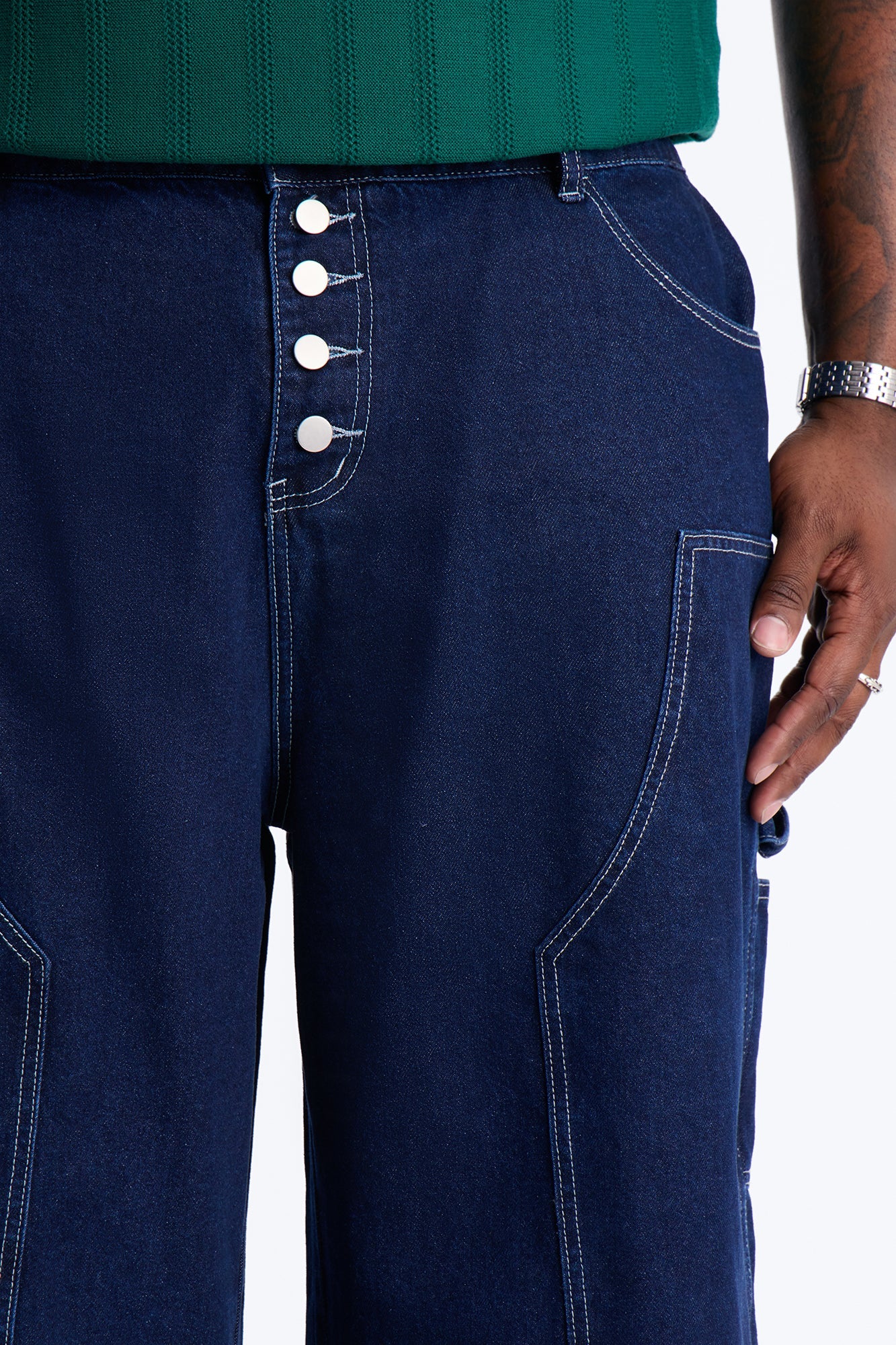 Super Baggy Button Drop Denim Shorts - Dark Wash