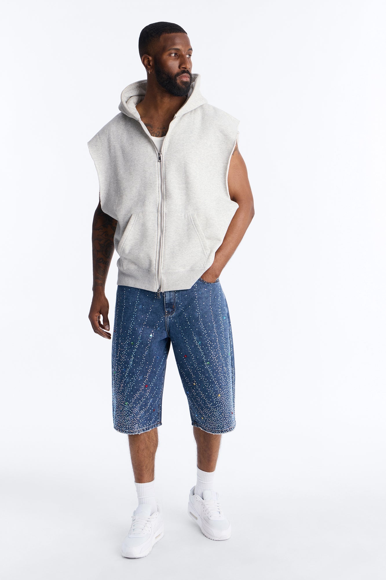 Baggy Cascade Jeweled Denim Shorts - Dark Wash