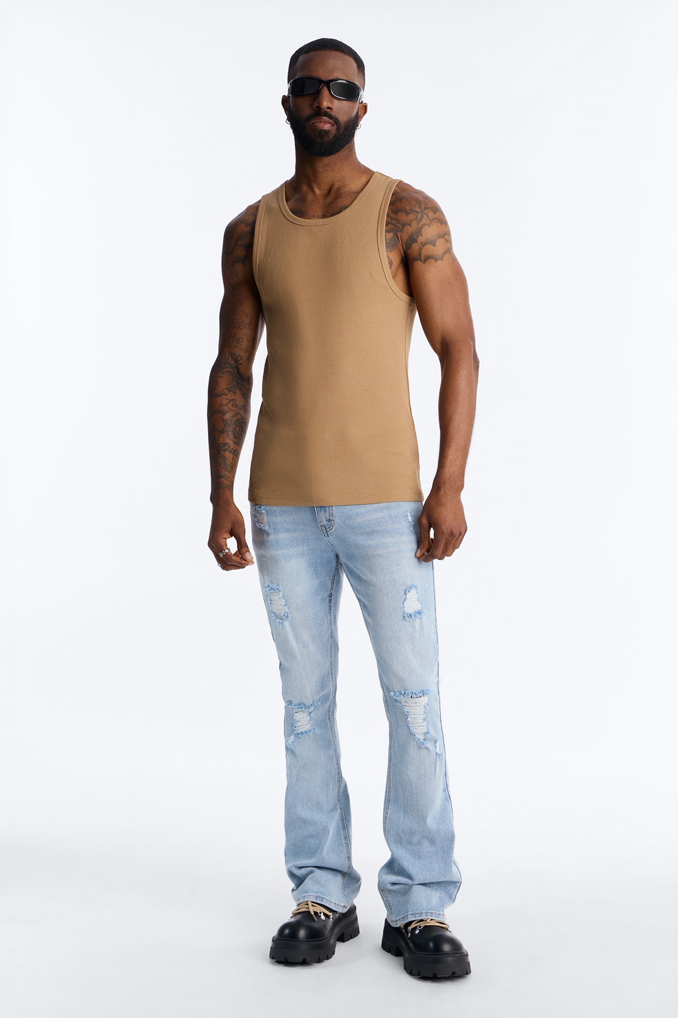 Essential Destroyed Stacked Slim Flare Stretch Jean - Light Blue Wash